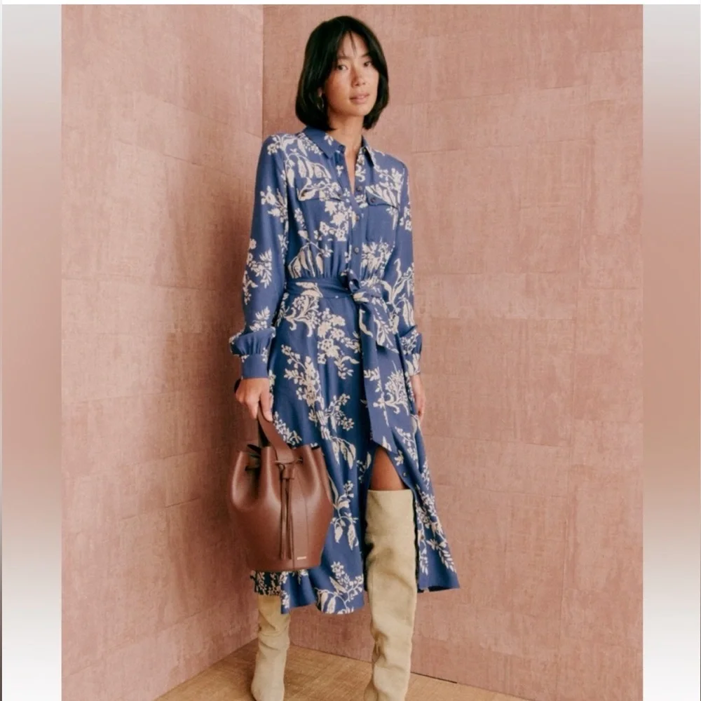 NWT Sezane Lauretta dress in blue ecru - Picture 1 of 7